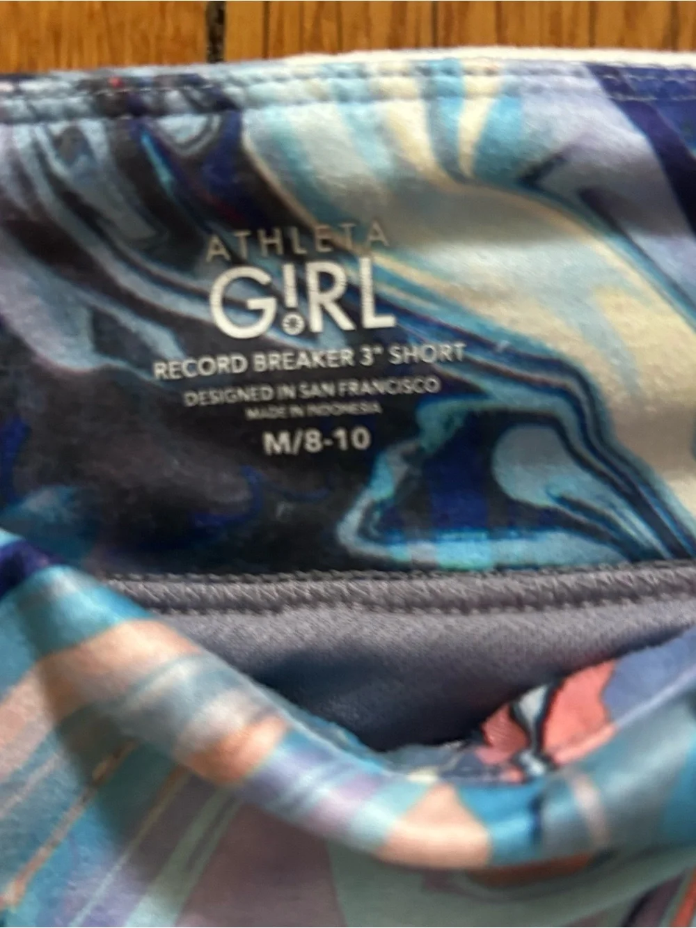 Athleta Girl girls size 8-10 Record Breaker 3” shorts. Pink blue marble-print